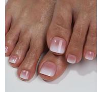 Pink Nude Press-On Toenails Glossy French Tip Square Shape Ombre Design - 12 Sizes Comfortable Fit Elegant Look Long Lasting Wear Easy Application Salon Quality Pedicure At Home For Women
