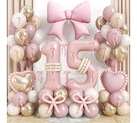 Pink Number 15 Balloon 40 Inch, Dusty Blush Pink Gold White Sand Latex Balloons Large 15 Digital Bow Heart Foil Balloon with ribbon bow for Girls Women Boho 15th Birthday Anniversary Party Decoration