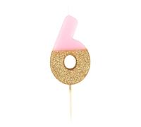Pink Number 6 Six Birthday Candle with Gold Glitter | Premium Quality Cake Topper Decoration | Pretty, Sparkly For Kids, Adults, 16th, 60th Birthday Party, Anniversary, Milestone Age