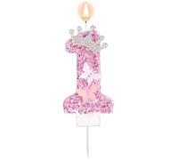 Pink Number Birthday Candle, 1st First One Glittery Crown Butterfly Sparkling Sequin Cake Topper Decorations for Birthday Party Wedding Anniversary Celebrations (Number 1)
