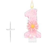 Pink Number Birthday Candle, 2.8in Glittery Cute Daisy Flower Sparkling Number Candle Cake Topper Decoration Ideal for Girls Birthday Party Baby Shower & (1)