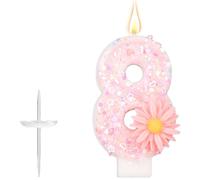 Pink Number Birthday Candle, 2.8in Glittery Cute Daisy Flower Sparkling Number Candle Cake Topper Decoration Ideal for Girls Birthday Party Baby Shower & (8)