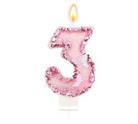 Pink Number Birthday Candle, 3rd Third Three Glittery Crown Butterfly Sparkling Sequin Cake Topper Decorations, 3 Candle for Birthday Party Anniversary Wedding Celebrations (Number 3)