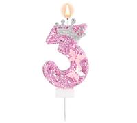 Pink Number Birthday Candle, 3rd Third Three Glittery Crown Butterfly Sparkling Sequin Cake Topper Decorations for Birthday Party Wedding Anniversary Celebrations (Number 3)