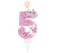 Pink Number Birthday Candle, 5th Fifth Five Glittery Crown Butterfly Sparkling Sequin Cake Topper Decorations for Birthday Party Wedding Anniversary Celebrations (Number 5)