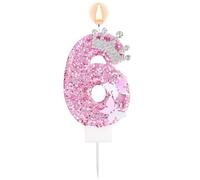 Pink Number Birthday Candle, 6th Sixth Six Glittery Crown Butterfly Sparkling Sequin Cake Topper Decorations for Birthday Party Wedding Anniversary Celebrations (Number 6)