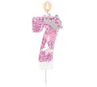 Pink Number Birthday Candle, 7th Seventh Seven Glittery Crown Butterfly Sparkling Sequin Cake Topper Decorations for Birthday Party Wedding Anniversary Celebrations (Number 7)