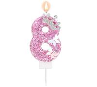 Pink Number Birthday Candle, 8th Eighth Eight Glittery Crown Butterfly Sparkling Sequin Cake Topper Decorations for Birthday Party Wedding Anniversary Celebrations (Number 8)