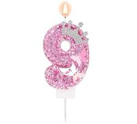 Pink Number Birthday Candle, 9th Ninth Nine Glittery Crown Butterfly Sparkling Sequin Cake Topper Decorations for Birthday Party Wedding Anniversary Celebrations (Number 9)