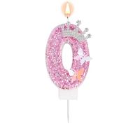 Pink Number Birthday Candle, Zero Glittery Crown Butterfly Sparkling Sequin Cake Topper Decorations for Birthday Party Wedding Anniversary Celebrations (Number 0)