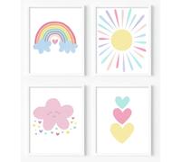 Pink Nursery Wall Art Prints Baby Girl Canvas Rainbow Pastel Wall Decor Boho Pink Cloud Colorful Sunshine Hearts Wall Art for Toddler Girls Baby Kids Room Decor,Set of 4(8x10inch,Unframed).