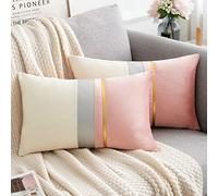 Pink Oblong Cushion Covers 12x20 Inch for Sofa, Gold Silver Leather Patchwork Velvet Throw Pillowcase Decorative Cushions for Office Bedroom Home Accessories, 30cmx50cm, Pack of 2