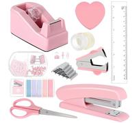 Pink Office Supplies, Includes Stapler and Tape Dispenser, Ruler,Tape, Scissors,Tabs Clips, and Other Accessory, Pink Desk Accessories Stationery Set for Students, Cowokers, Teachers