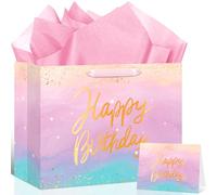 Pink Ombre Birthday Gift Bag Large Gradient Pink Purple Happy Birthday Gift Wrapping Paper Bag with Handles Tissue Paper Greeting Card Star Galaxy Favors Bag for Women Girls Baby Shower Party Supplies