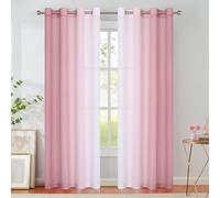 Pink Ombre Chiffon Sheer Curtains 90 Inch Long for Living Room Bedroom Decor, Crinkle Gradient Semi Voile Grommet Top Window Curtain Drapes for Girls Room, Garden, Yard, Set of 2 Panels