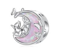 Pink Opal Moon Cat Charms 925 Sterling Silver Charms Pendant Fits Pandora Bracelet Necklace for Women (Cat Butterfly Bead)