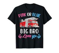 Pink Or Blue Big Bro Loves You Fire Truck Baby Gender Reveal T-Shirt