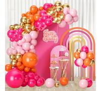 Pink Orange Balloon Arch Kit, 113 Pcs Hot Pink Orange Balloon Garland with Metallic Gold Latex Balloons, Pastel Peach Gold Balloons for Birthday Summer Tropical Wedding Groovy Theme Party Decorations