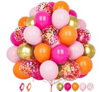 Pink Orange Balloons, 60 pcs 12 Inch Pastel Pink Matte Hot Pink Orange Metallic Gold Confetti Latex Balloons with Ribbon for Girls Women Birthday Baby Bridal Shower Wedding Engagement Party Decoration