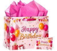 Pink Orange Birthday Gift Bag for Women Kids Pink Balloon Box Gift Bag with Tissue Paper Greeting Card Birthday Party Decoration Party Wrapping Bags for Women Kids Boys Girls Bday Favor Supplies