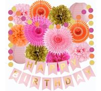 Pink Orange Birthday Party Decorations for Women Girls Hot Pink Orange Gold Paper Fans Paper Pom Poms Lanterns Circle Dots Garland Happy Birthday Banner for Hot Pink Orange Birthday Party Decor