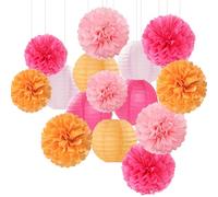 Pink-Orange Party-Decorations Paper-Flowers Lanterns - 15PCS Fall Wedding Birthday Tissue Pom Poms Streamers, Boho Baby Bridal Shower Graduation Sunset Hanging Supplies Decor Hugfond