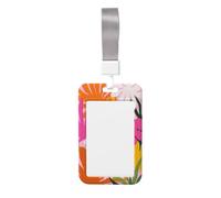 Pink Orange Retro Tropical Flowers Sliding Id Badge Holder Hard Plastic Work Card Case Name Tag Protector for Nurses Office