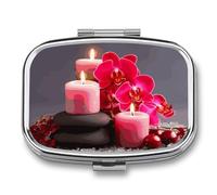 Pink Orchid Stone Red Candles Pill Organizer Small Metal Travel Pill Case Waterproof Portable Pocket Pill Box Medicine Organizer Daily Pill Container Medicine Holder for Vitamins Fish Oils