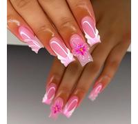 Pink Orchid Wave Press On Nails - Long Square Shape with 3D Pink Flower Design - 24PCS Glossy French Tip False Nails for Women Full Cover for Daily or Special Occasions