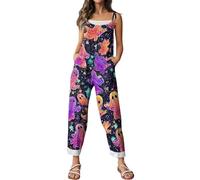 Pink Outfit Set, Women's Halloween Jumpsuit Skull Pumpkin Print Suspender Wide Leg Overalls Loose Baggy Dungarees Plus Size Rompers Casual Adjustable Straps Playsuits with Pockets