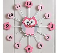 Pink Owl Wall Clock - Battery Powered Clock With Large Clear Numbers For Kids Girls Bedroom, Nursery Or Playroom - 34Cm Diameter