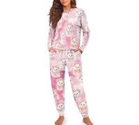 Pink Pajamas for Women Long Sleeve Sleepwear Breathable 2 Piece Pjs Set Nightwear Set Drawstring Pant with Pocket Matching Outfits Clothing S-2XL