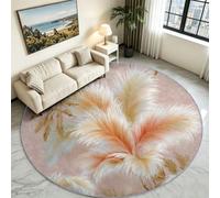 Pink Palm Feather Round Area Rug 180 cm, Tropical Contemporary Carpet | Pastel Botanical Circle Floor Mat, Anti-Skid Rubber Base, Soft Low Pile Decorative Rug for Girls Bedroom & Dressing Flat