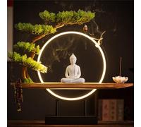 Pink Palm Large Buddhist Statue With Artificial Tree And Led Circle Table Buddha Figure Lamp Light 3D Mural Sconce Lamp Zen Light Decor Hanging Artwork Art For Living Room Incense Porch 03