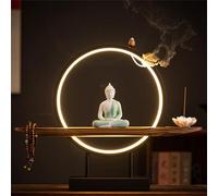 Pink Palm Large Buddhist Statue With Artificial Tree And Led Circle Table Buddha Figure Lamp Light 3D Mural Sconce Lamp Zen Light Decor Hanging Artwork Art For Living Room Incense Porch 06