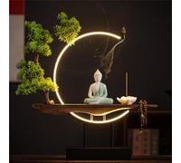 Pink Palm Large Buddhist Statue With Artificial Tree And Led Circle Table Buddha Figure Lamp Light 3D Mural Sconce Lamp Zen Light Decor Hanging Artwork Art For Living Room Incense Porch 02