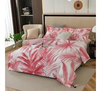 Pink Palm Leaves Printed Bedding Double Bed Set (200X200 Cm), Reversible Tropical Plants Printed Duvet Cover With Pillowcases, Breathable Bed Covers Double Bedeasy Care Bedding Set Cover Duvet