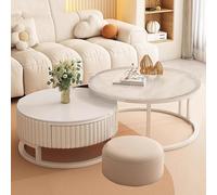 Pink Palm Modern Round Nesting Coffee Table,Ivory Wood Circle Embossed Design Center Table with Drawer,Sturdy End Table,Space Saving for Living Room,Bedroom(27.5+19.7, C+Stool)