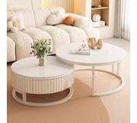 Pink Palm Modern Round Nesting Coffee Table,Ivory Wood Circle Embossed Design Center Table with Drawer,Sturdy End Table,Space Saving for Living Room,Bedroom(27.5+19.7, A)