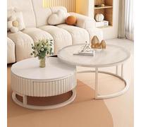 Pink Palm Modern Round Nesting Coffee Table,Ivory Wood Circle Embossed Design Center Table with Drawer,Sturdy End Table,Space Saving for Living Room,Bedroom(31.5+23.6, C)