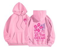 Pink Palm Puff Women's Hoodies Oversized Sweatshirt Women Graphic Hoodie Meet Me at The Ocean Letter Print with Pocket Pullover Preppy Clothes Pink Palm Puff Hoodie Teen Girl Clothes
