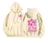 Pink Palm Puff Women's Hoodies Oversized Sweatshirt Women Graphic Hoodie Meet Me at The Ocean Letter Print with Pocket Pullover Preppy Clothes Pink Palm Puff Hoodie Teen Girl Clothes