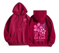 Pink Palm Puff Women's Hoodies Oversized Sweatshirt Women Graphic Hoodie Meet Me at The Ocean Letter Print with Pocket Pullover Preppy Clothes Pink Palm Puff Hoodie Teen Girl Clothes