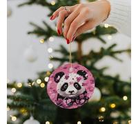 Pink Panda Cotton Ceramic Christmas Ornaments - 2.8 Inch Round Double-Sided Xmas Tree Decorations with Gold Ribbon for Home Holiday Decor, Gift for Family & Friends