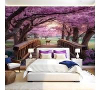 Pink Panoramic Mural Wallpaper 390 x 260 cm Flowers Cherry Blossoms and Wooden Bridge Wall Mural Non-Woven Art Print Wallpaper Living Room Bedroom Sofa TV Backdrop Decoration Poster Picture Photo