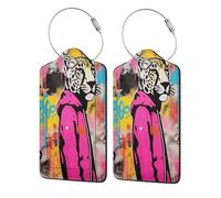 Pink Panther Graffiti Street Art Luggage Tag for Suitcase 2 Pack Leather Luggage Tag with Privacy Flap Name Id Label and Metal Loop for Women Men Travel