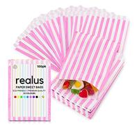 Pink Paper Sweet Bags 5 x 7” | REALUS 100pk Small Empty Sweets Bag | MADE IN BRITAIN | Retro Candy Stripe Sweetie Bags - Perfect for Kids Party, Pic n Mix Shop, Wedding Favours, Popcorn