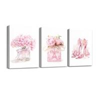 Pink Paris Canvas Wall Art Romance Cherry Blossoms Paintings,Eiffel Tower Artwork Girly Fashion Perfume High Heel Wall Pictures For Living Room