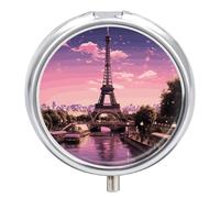 Pink Paris Pill Box Cute Round Small Pill Organizer Portable with 3 Compartments Travel Metal Pill Case for Pocket Or Purse Privacy Protecting Medicine Box