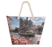 Pink Parisian Bloom Large Tote Bag for Women, Waterproof Durable Beach Bag with Hemp Rope Handle, Multifunctional Hemp Rope Shopping Bag for Beach Park Travel Work Daily Use